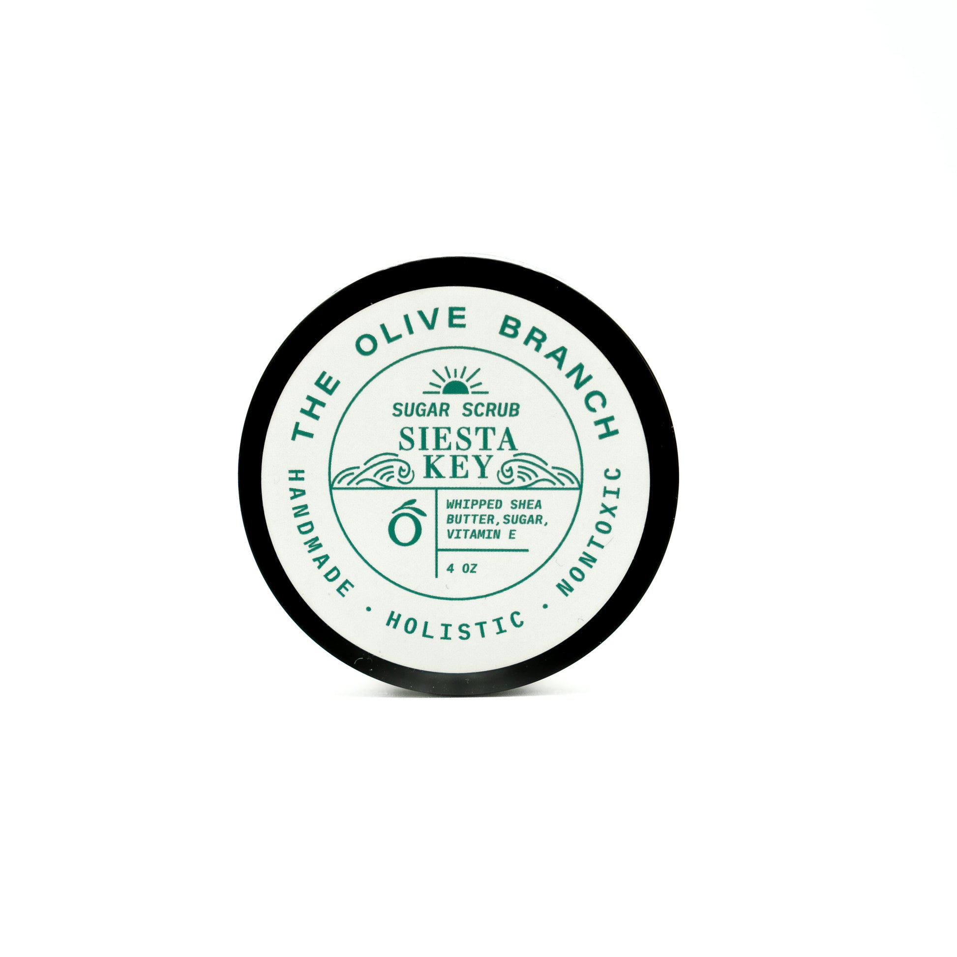 Sugar scrub container with 'The Olive Branch' branding on a white background