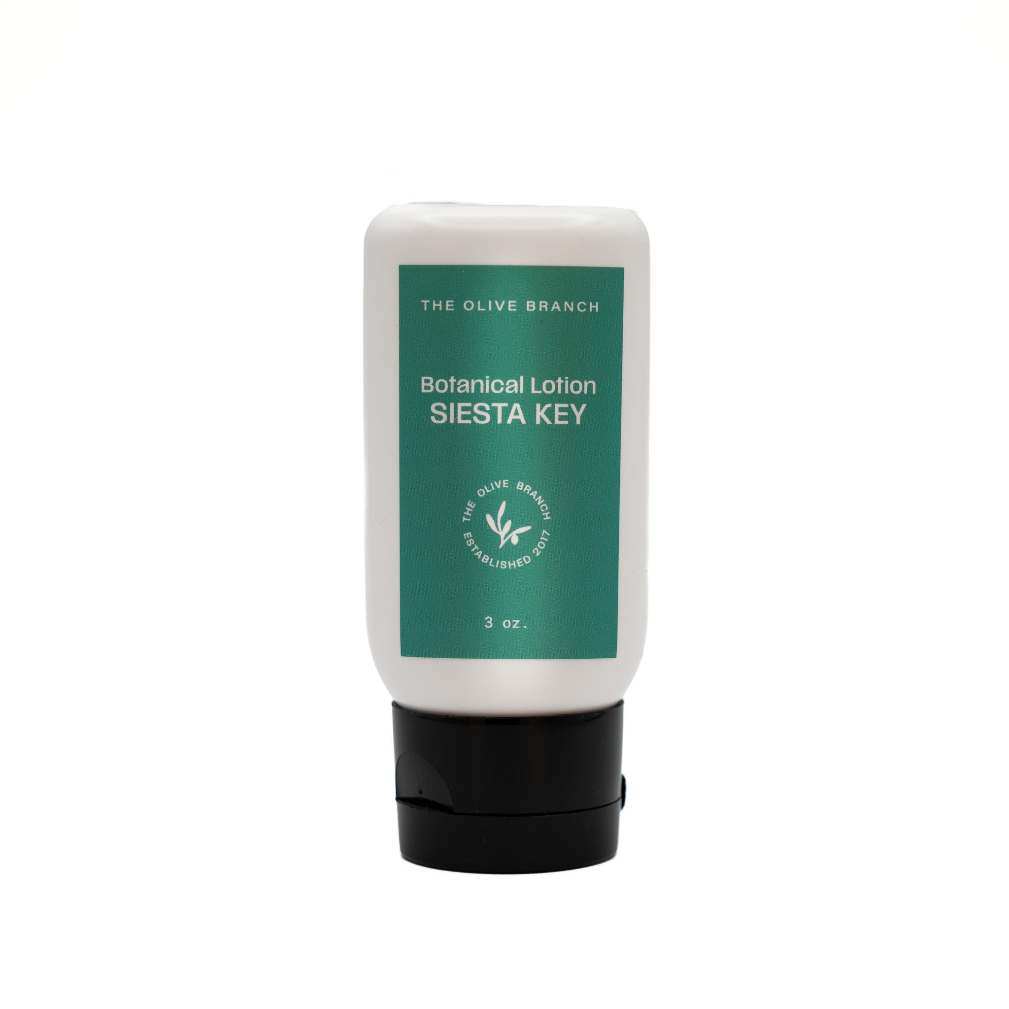 Botanical lotion bottle labeled 'Siesta Key' by 'The Olive Branch' on a white background