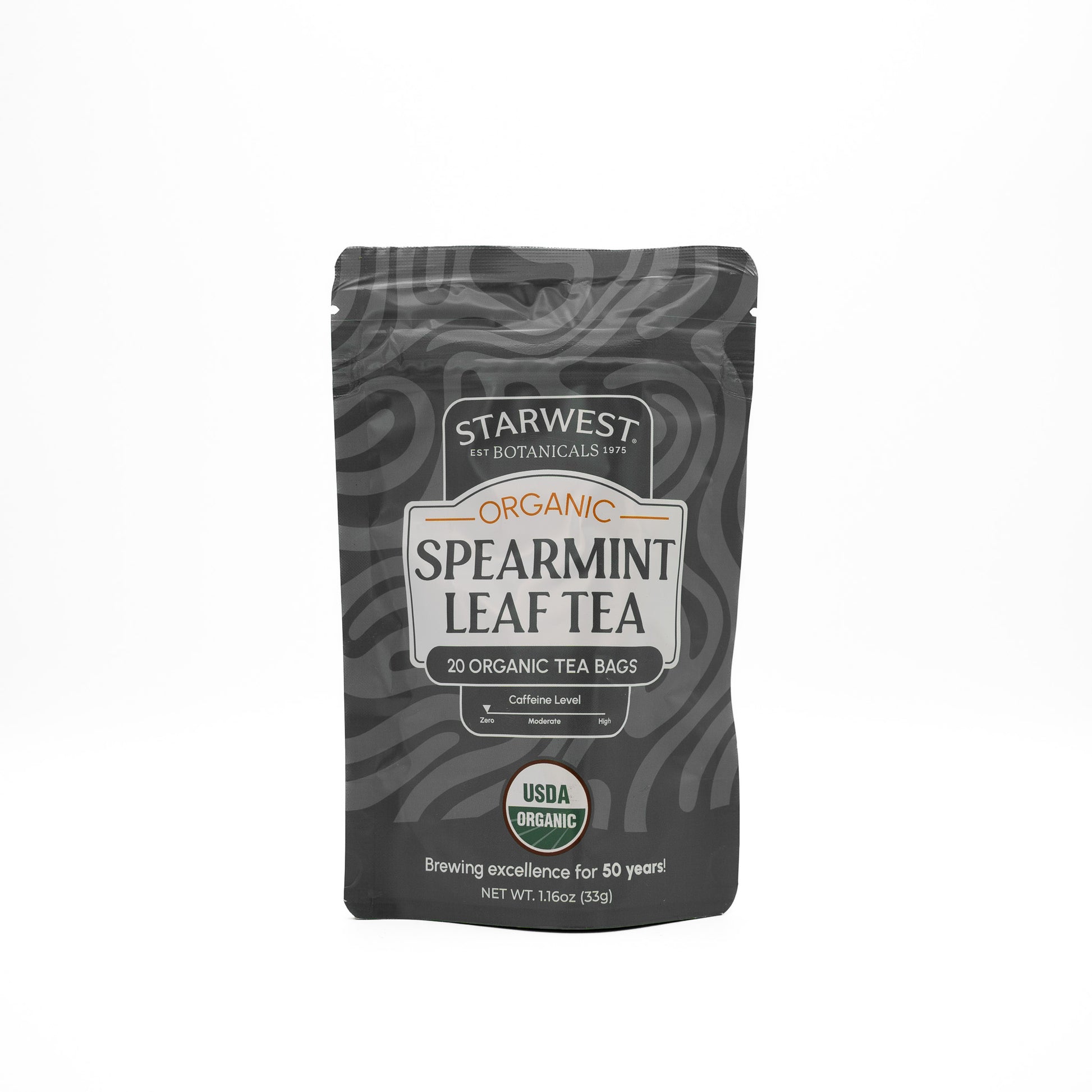 Starwest Botanicals Spearmint Leaf Tea package on a white background
