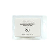 Wax melt packaging labeled 'Summer Vacation' by 'The Olive Branch' on a white background