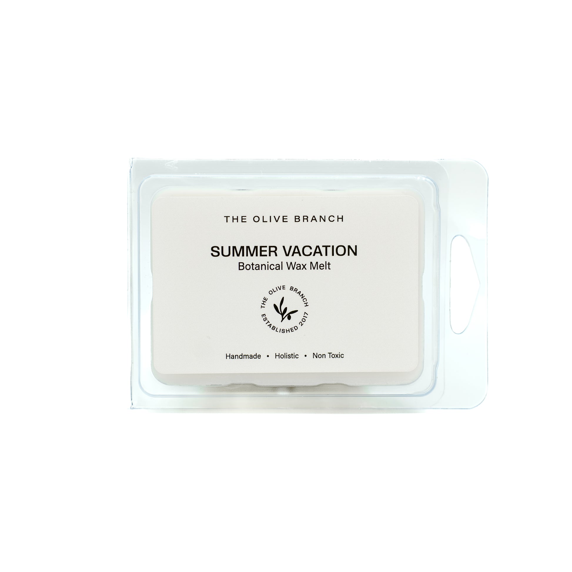 Wax melt packaging labeled 'Summer Vacation' by 'The Olive Branch' on a white background