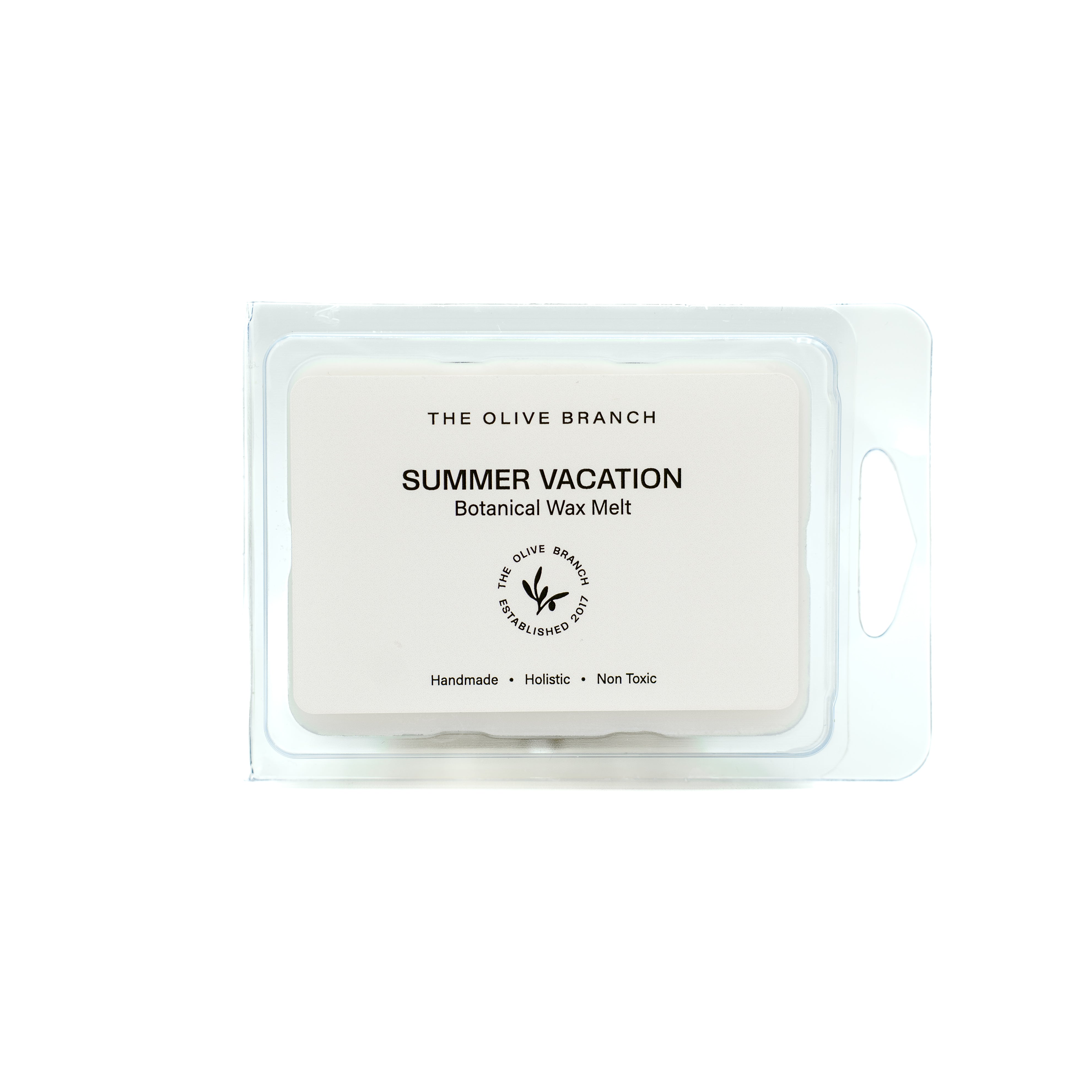 Wax melt packaging labeled 'Summer Vacation' by 'The Olive Branch' on a white background