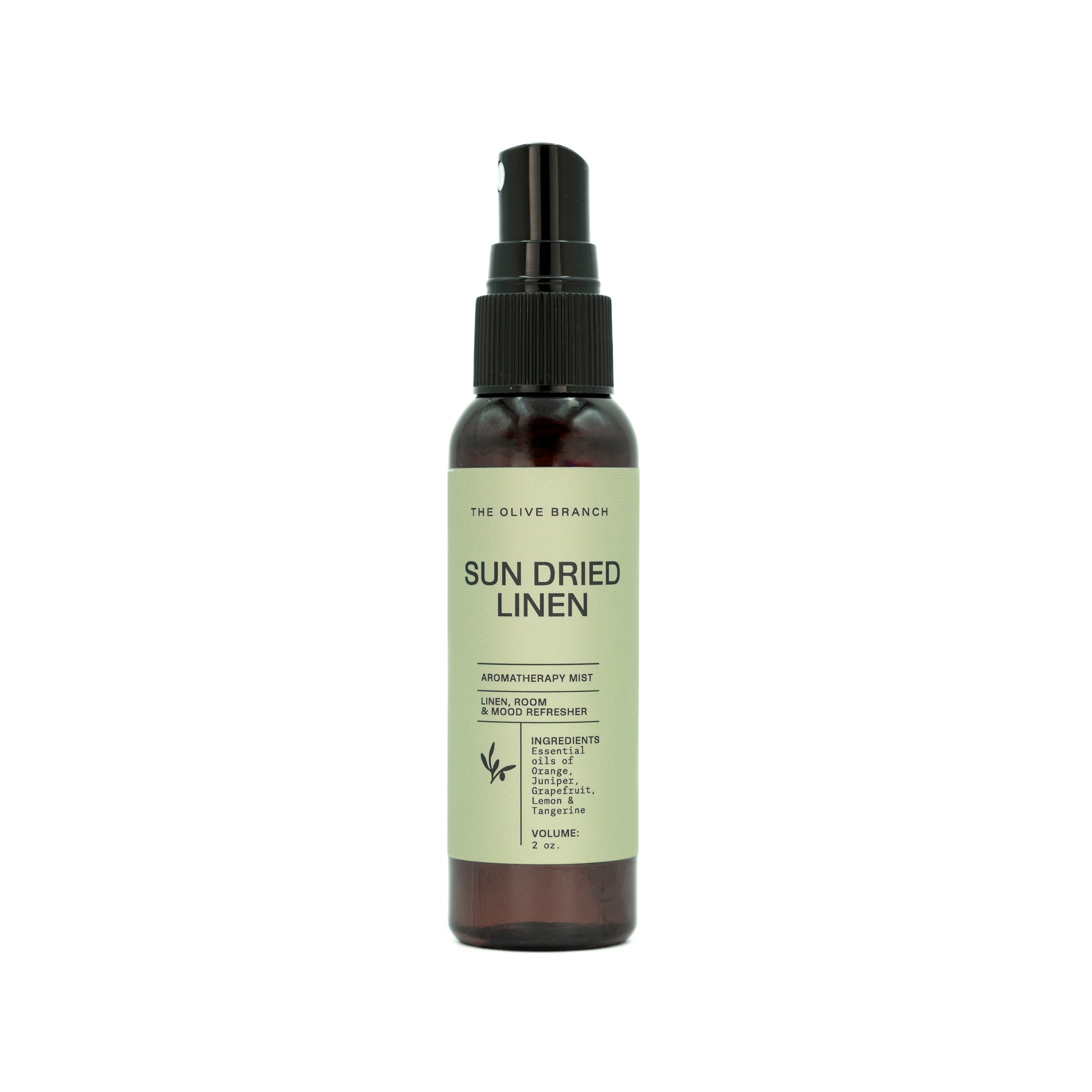 Bottle of 'Sun Dried Linen' aromatherapy mist spray by The Olive Branch on a white background
