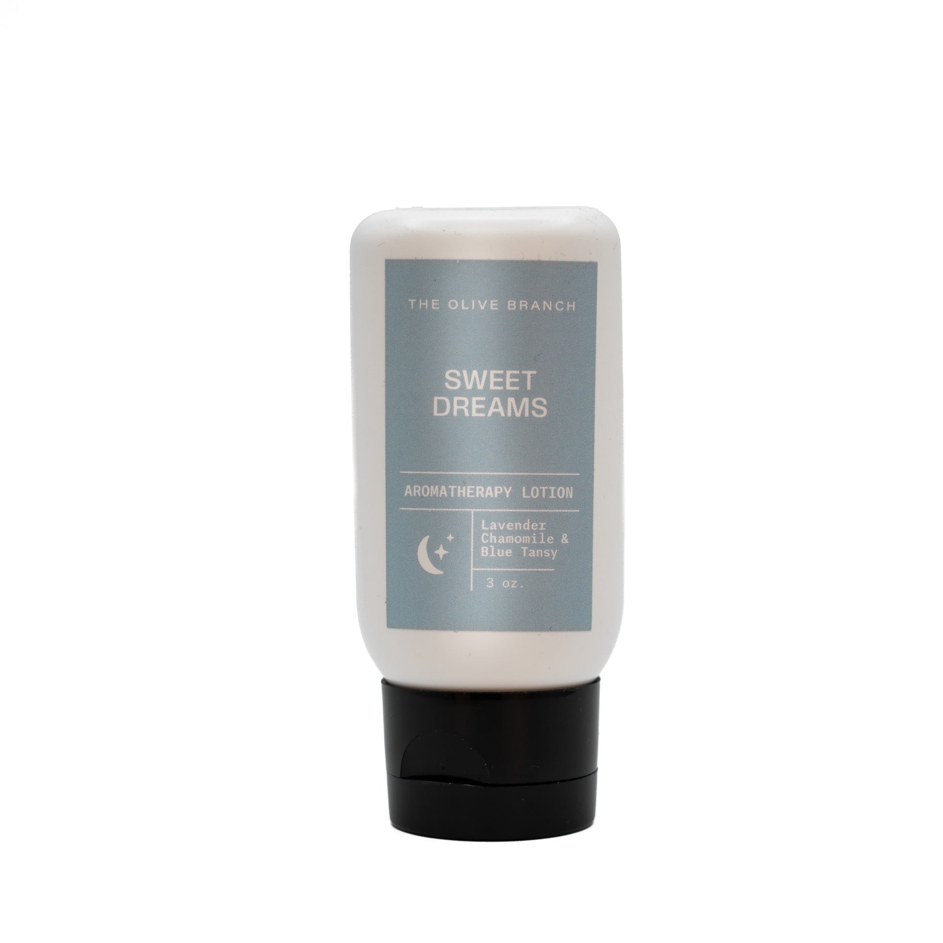Lotion bottle labeled 'Sweet Dreams' by 'The Olive Branch' on a white background