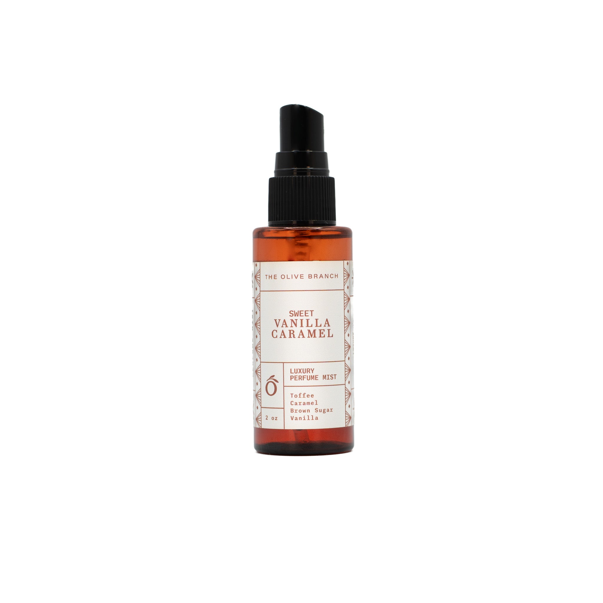 Bottle of Sweet Vanilla Caramel perfume mist on a white background