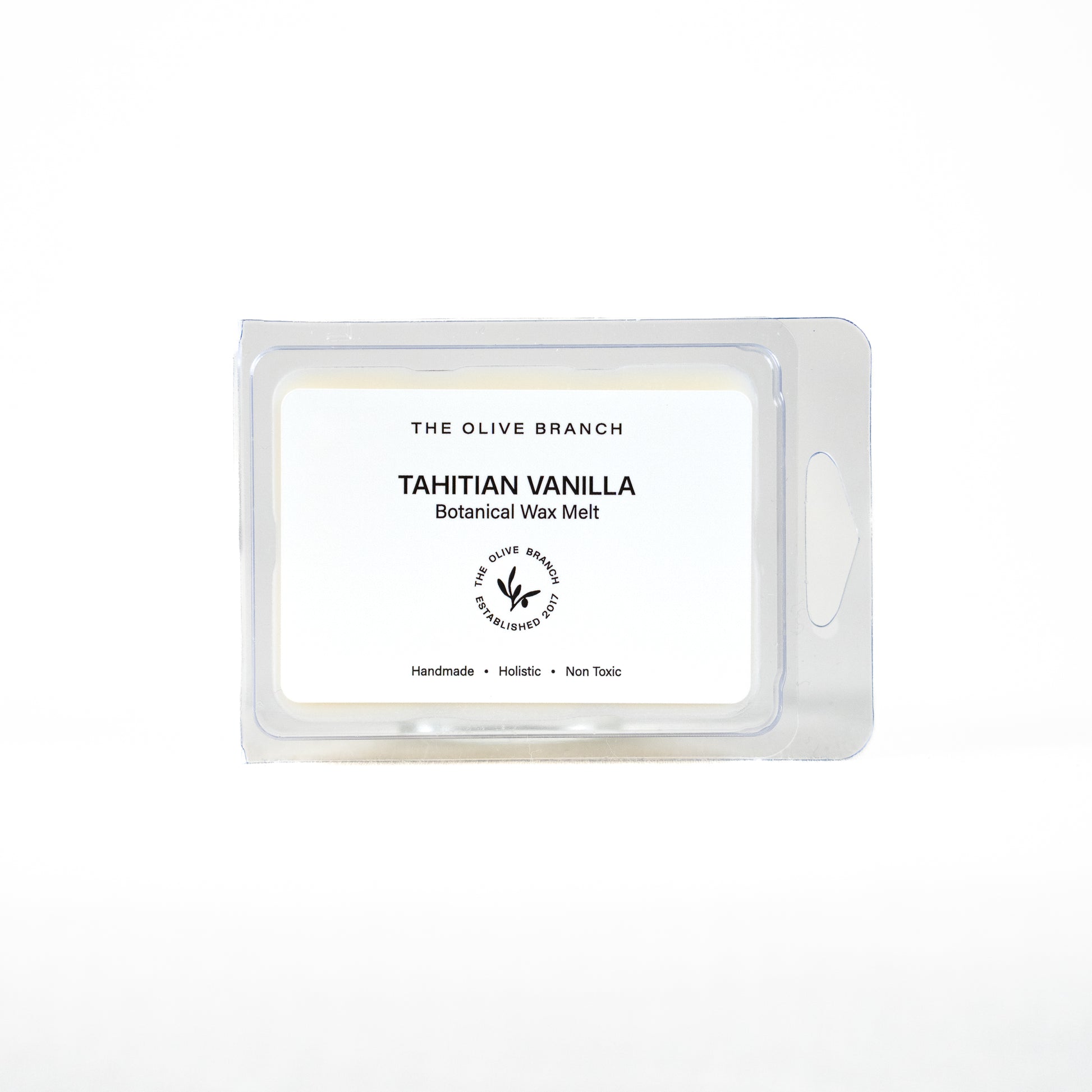 Tahitian Vanilla botanical wax melt packaging with 'The Olive Branch' branding on a white background.