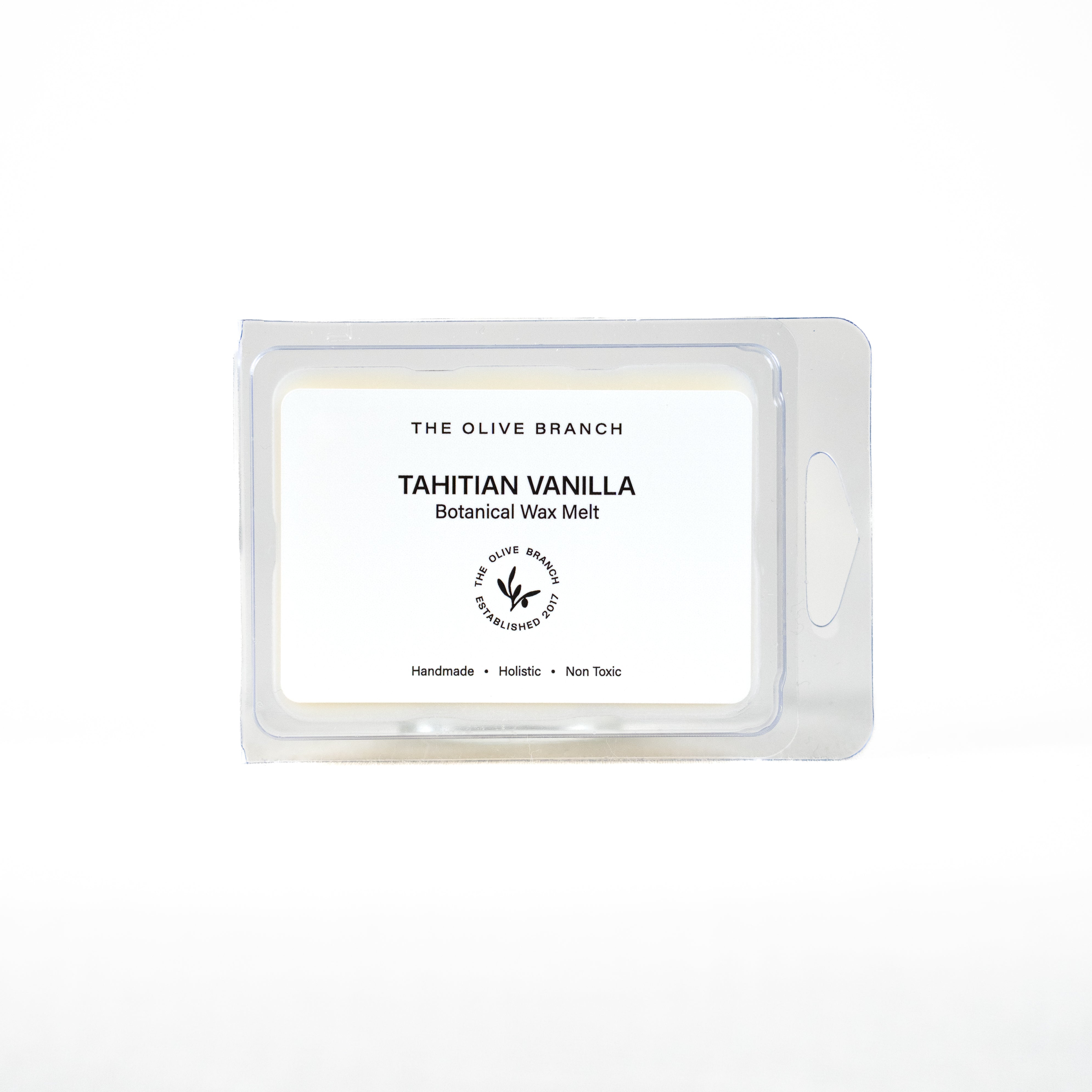 Tahitian Vanilla botanical wax melt packaging with 'The Olive Branch' branding on a white background.