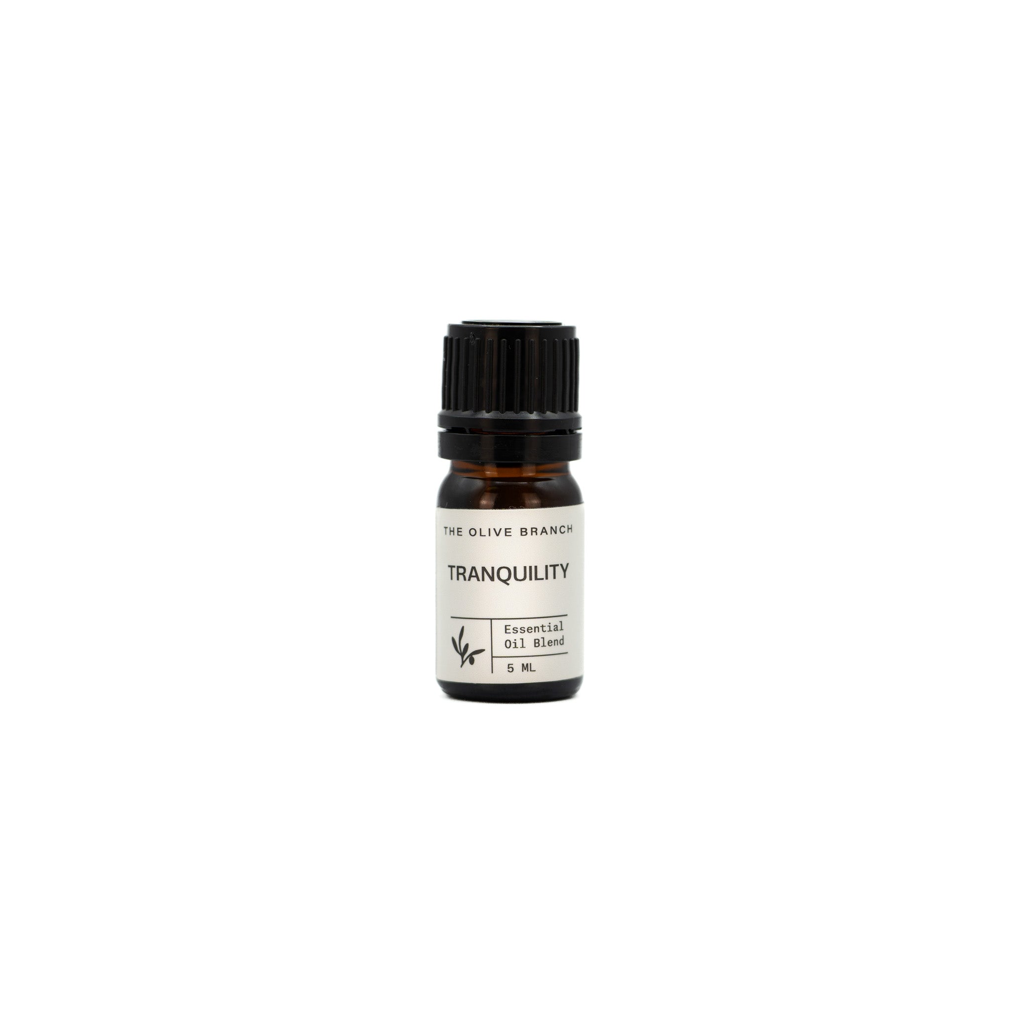 Essential oil bottle labeled 'Tranquility' on a white background