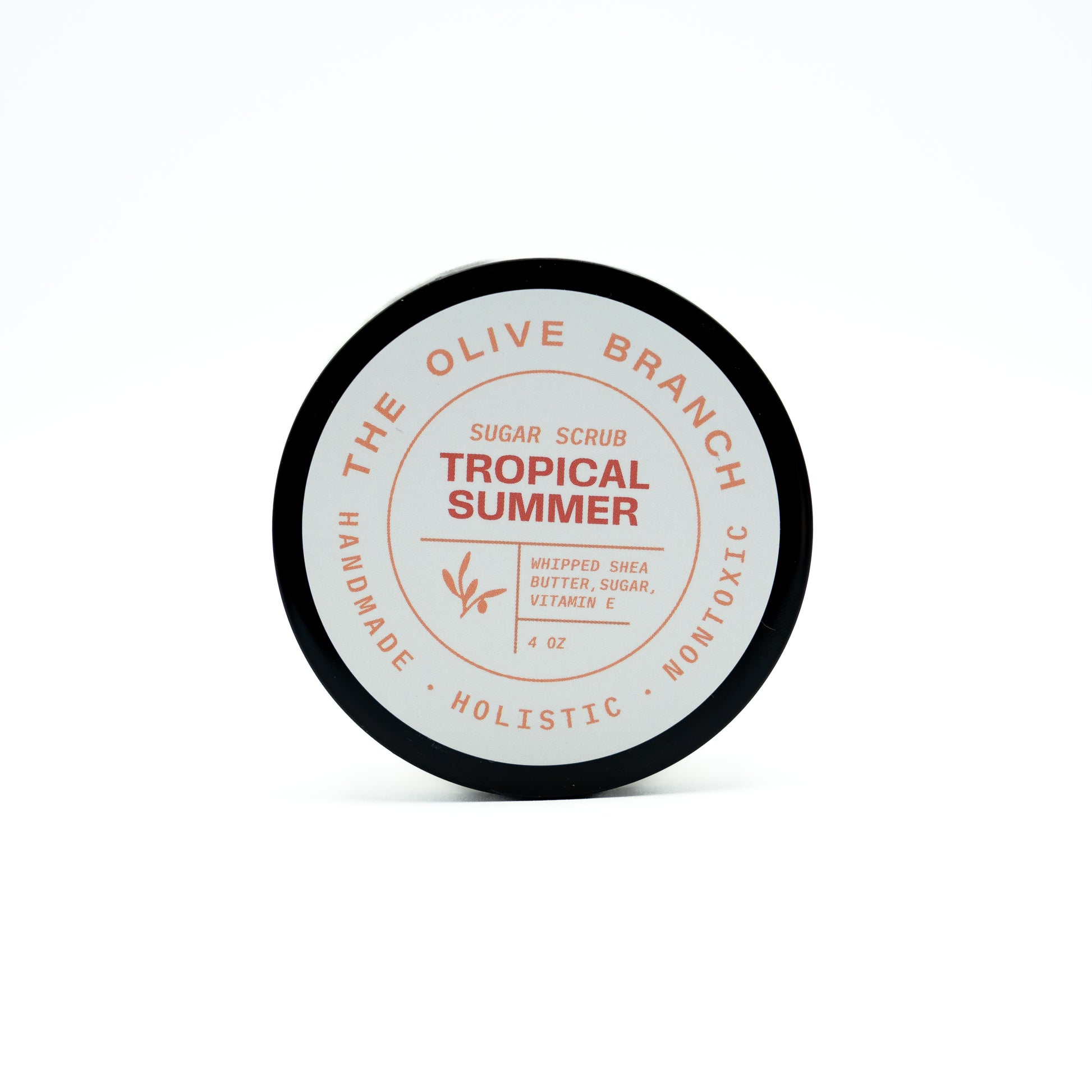 Tropical Summer sugar scrub container with branding on a white background
