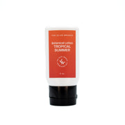 Tropical summer botanical lotion with red label on white background