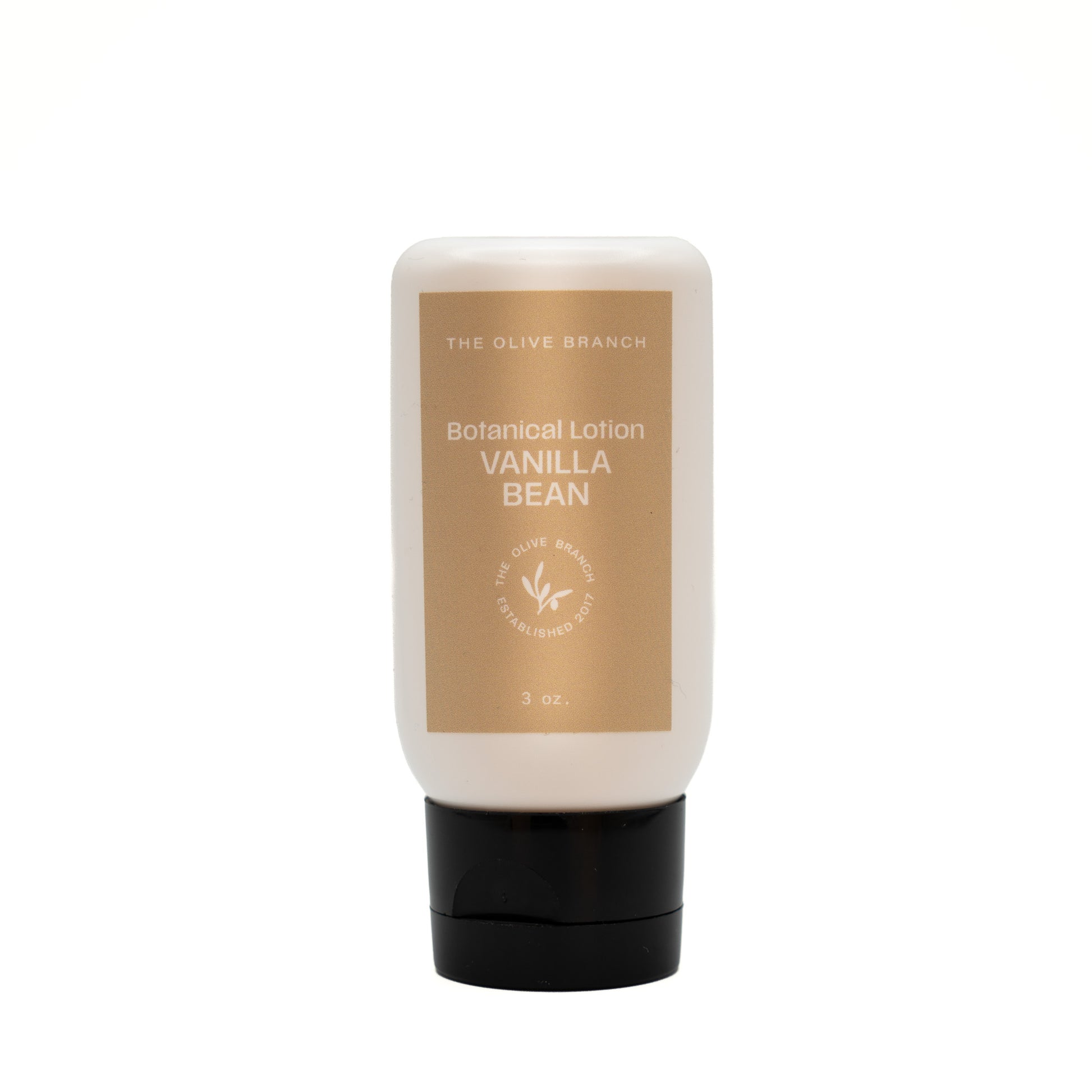 Vanilla bean botanical lotion bottle with gold label on a white background