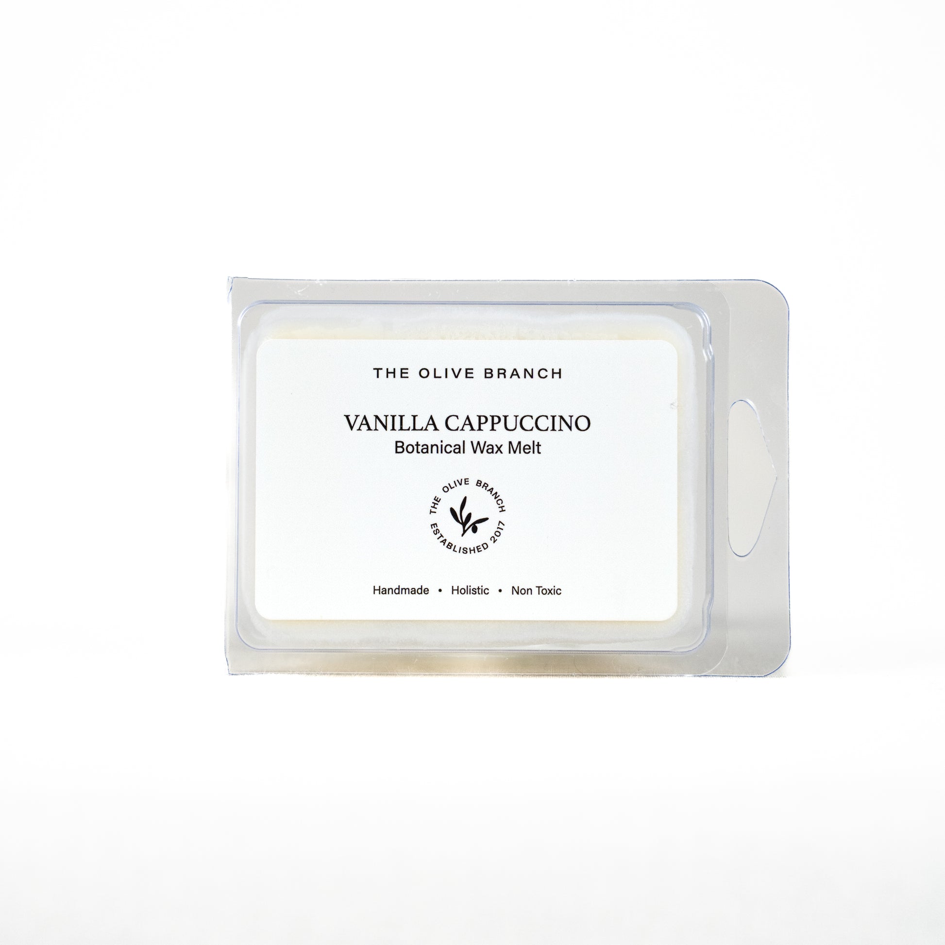 Vanilla Cappuccino wax melt packaging with 'The Olive Branch' branding on a white background