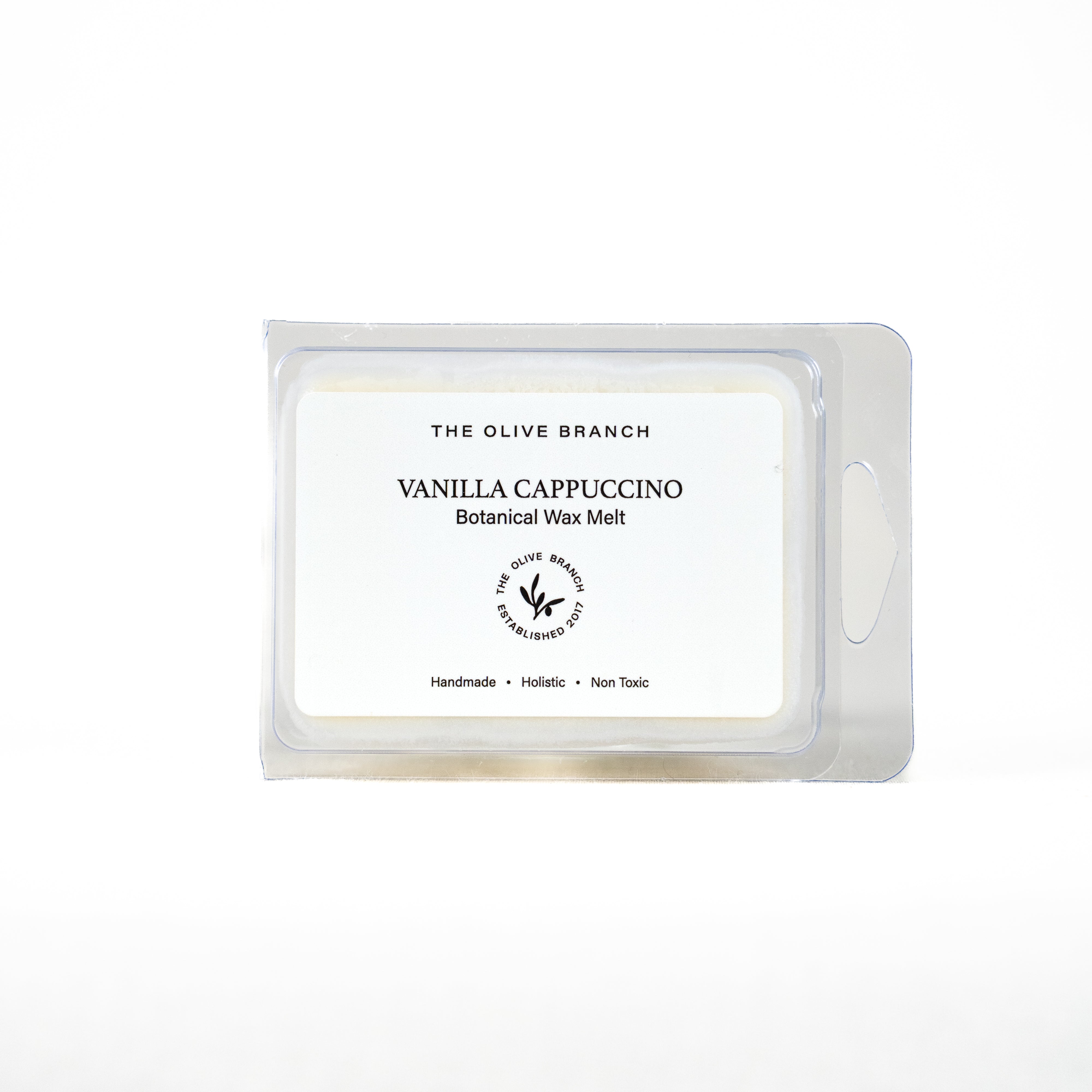 Vanilla Cappuccino wax melt packaging with 'The Olive Branch' branding on a white background