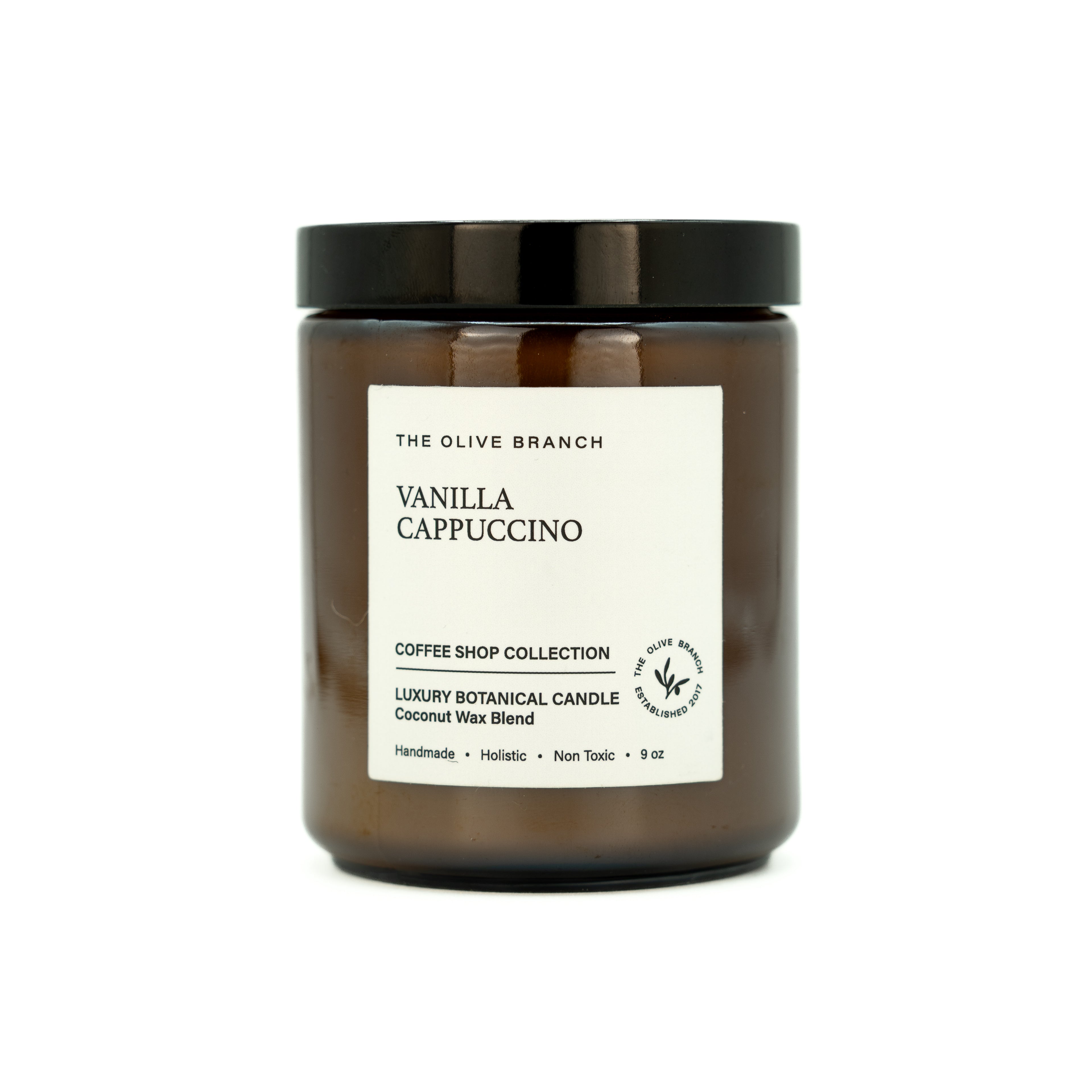 Vanilla Cappuccino candle from The Olive Branch on a white background